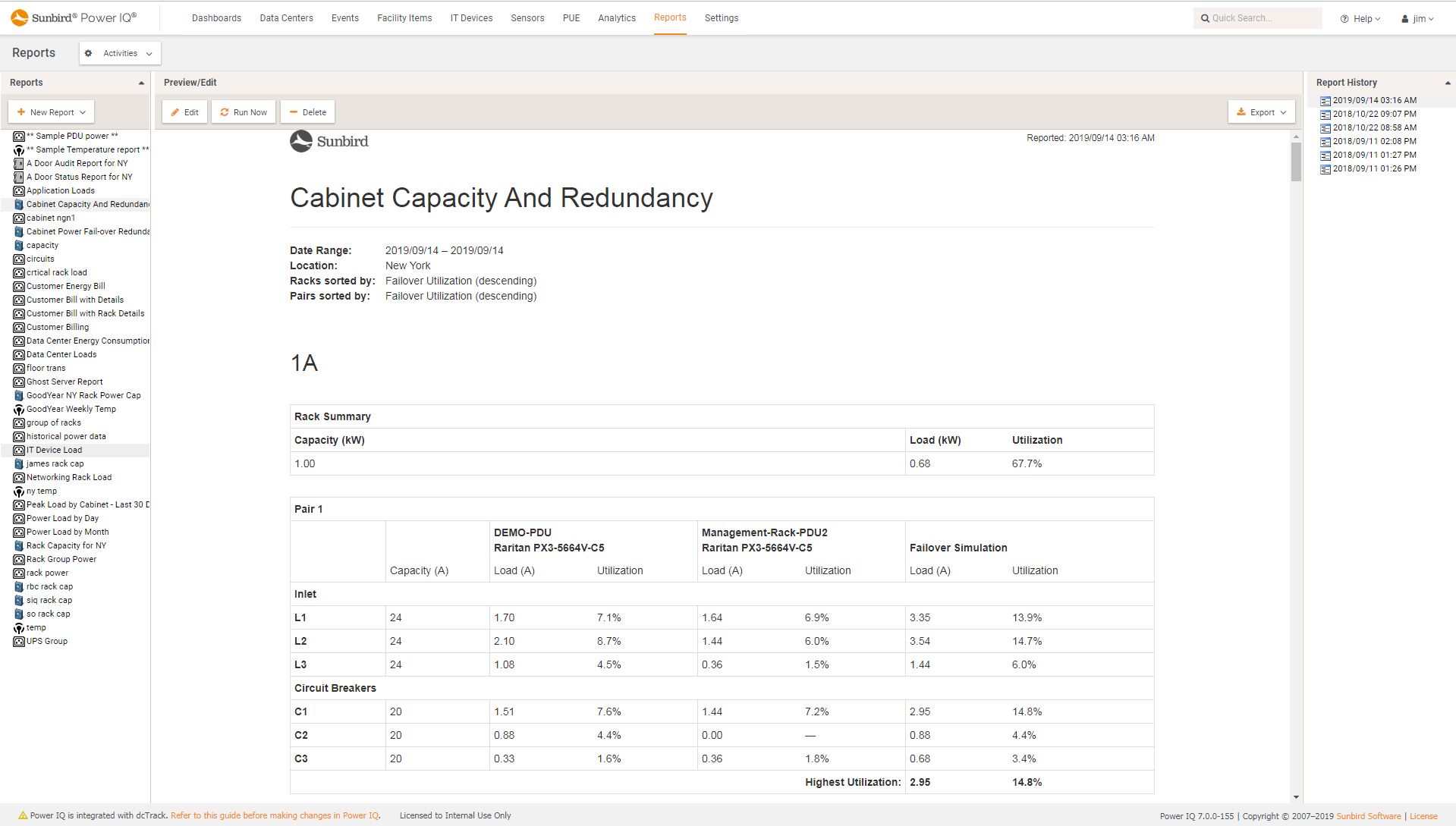 Screenshot of Cabinet Capacity and Redundancy Report