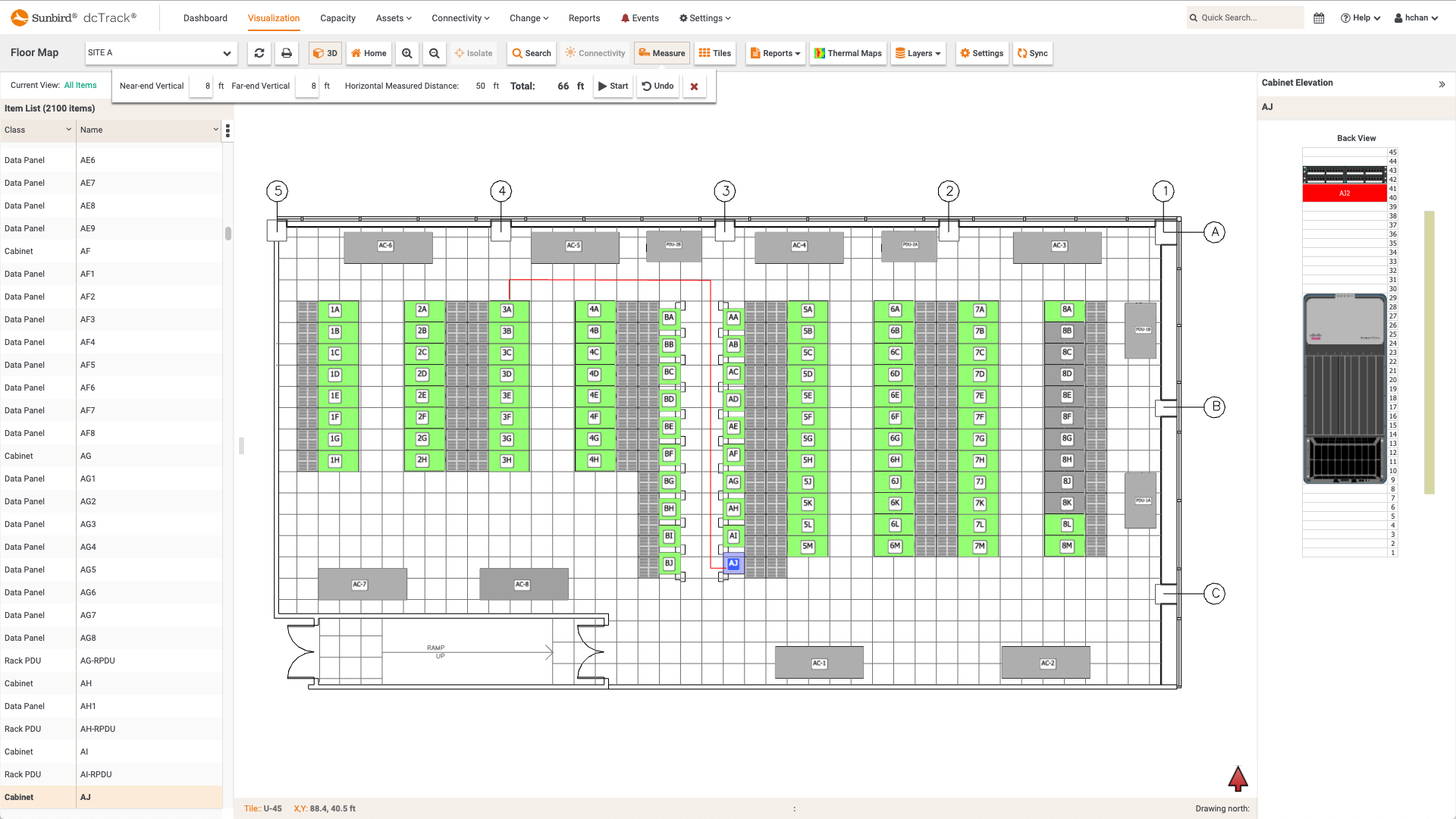 Screenshot of Cable Measurements on the Data Center Floor Map