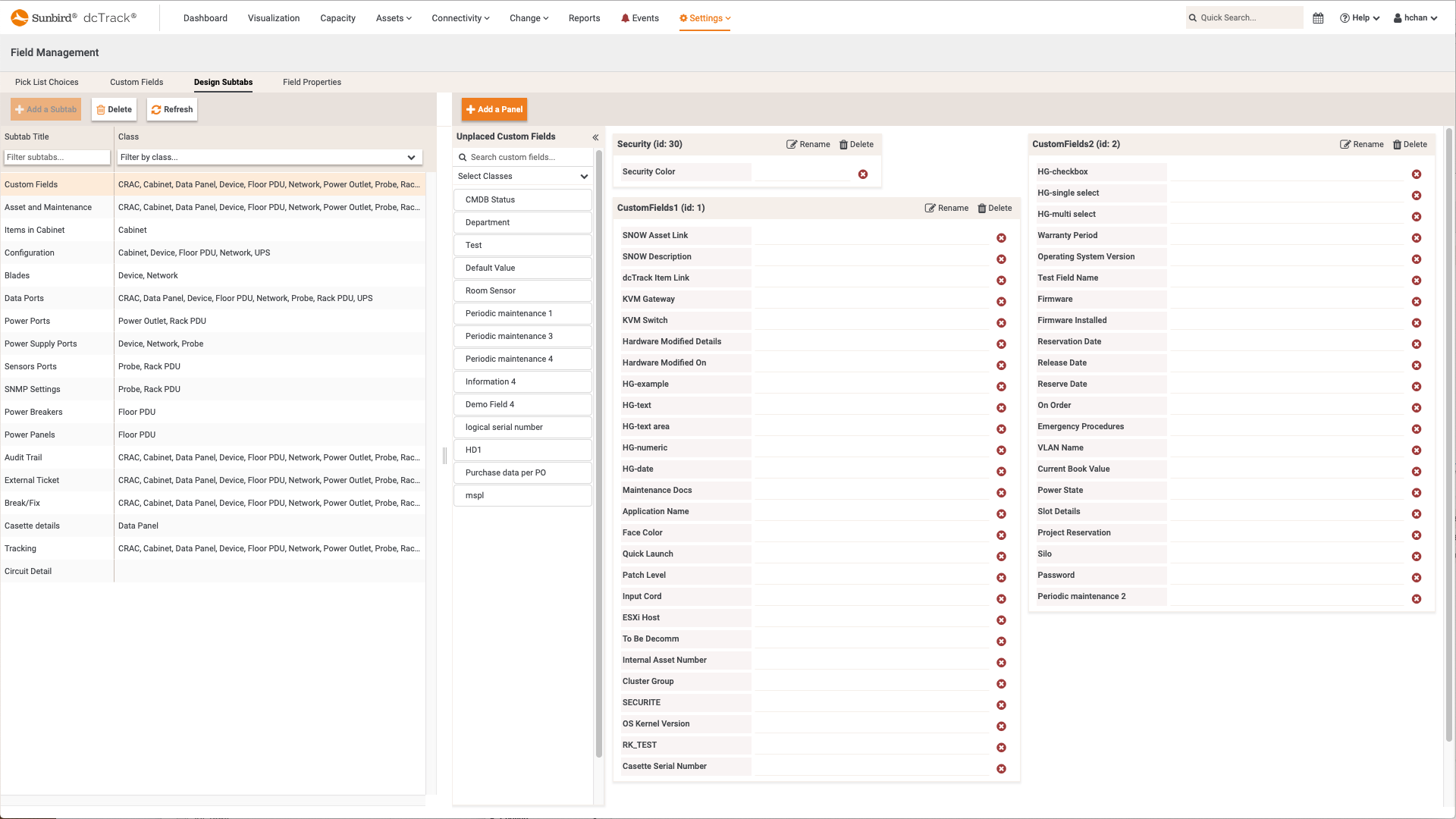 Screenshot of Custom Fields, Pick List Choices, Tabs, and Panels