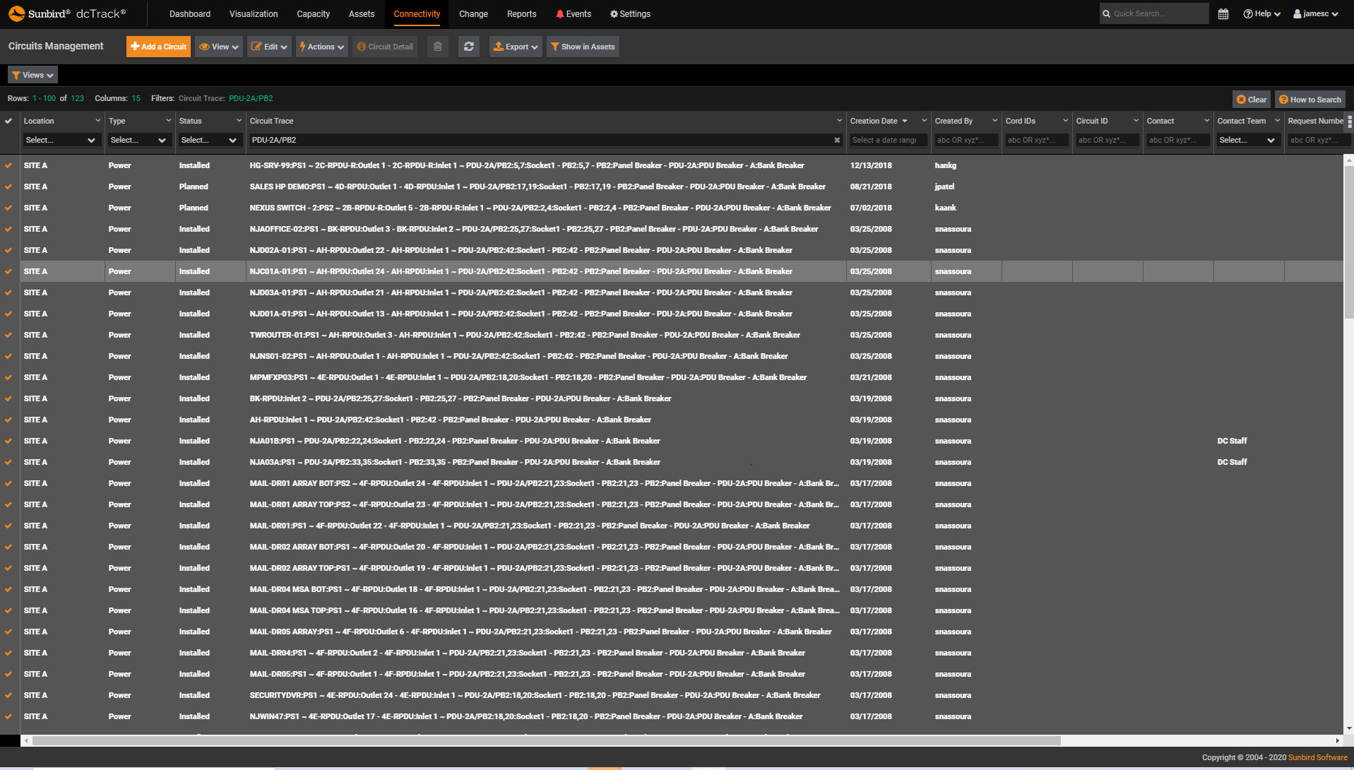 Screenshot of Impact Analysis From Any Point in a Data or Power Circuit