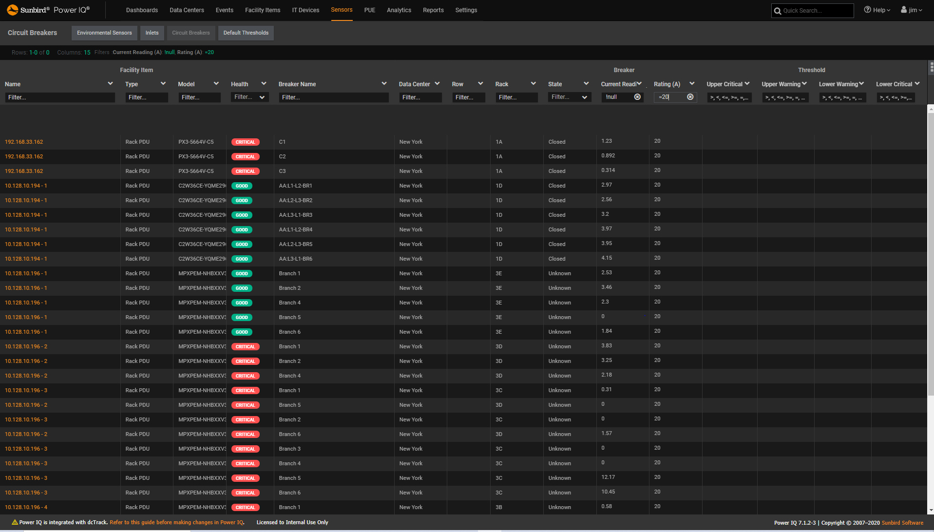 Screenshot of Rack PDU Circuit Breaker Threshold Monitoring and Reporting