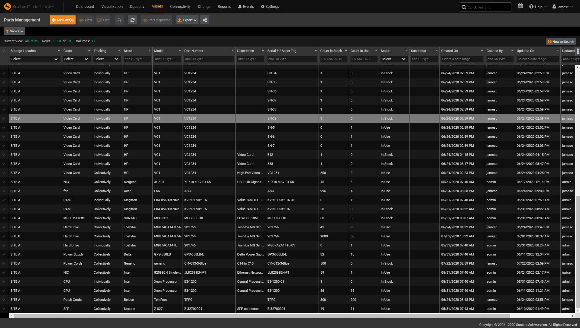 Screenshot of Parts Management