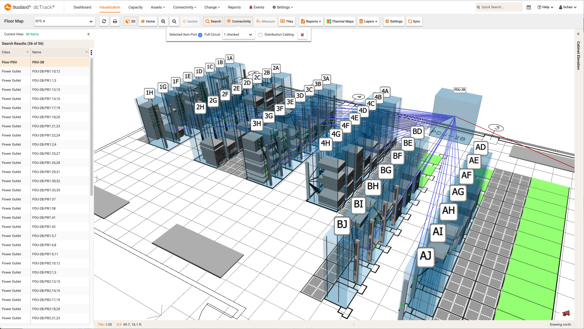 Data Center 3D Cable Connectivity Visualization